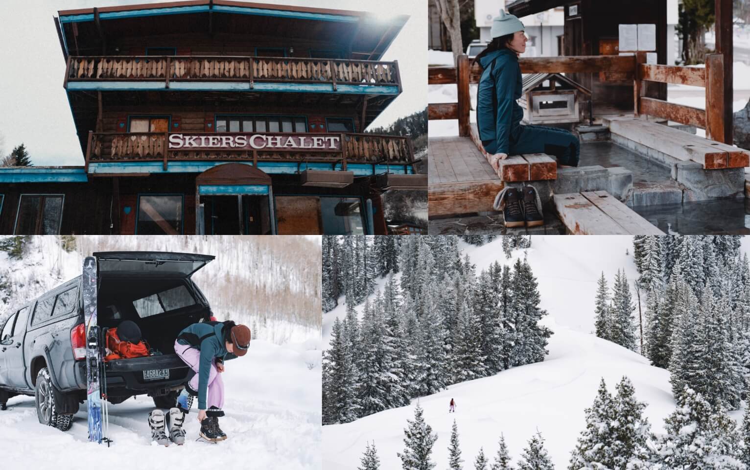 Click to shop the Patch II. Images feature a ski chalet covered in snow.